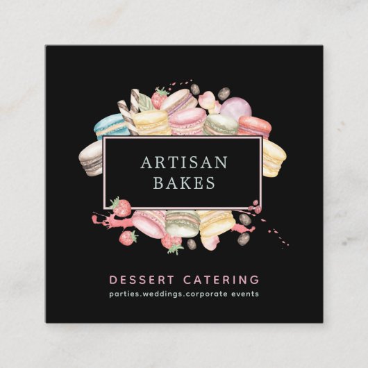 Vet Waterverf Macaron Baker Gebak Chef Zwart Vierkante Visitekaartje (Voorkant)