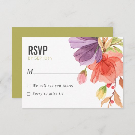 Vet Waterverf Wildbloemen Groene bruiloft RSVP Kaart (Voorkant / Achterkant)