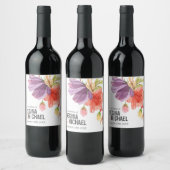 Vet Wildbloemen Roze Monogram Bruiloft Wijn Etiket (Flessen)