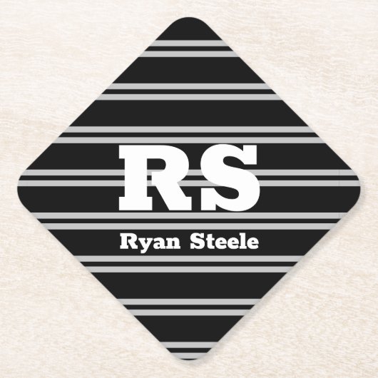 Vet wit monogram & naam, Lt grijze lijnen op zwart Kartonnen Onderzetters (Voorkant)