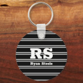 Vet wit monogram & naam, Lt grijze lijnen op zwart Sleutelhanger (Voorkant)