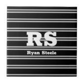 Vet wit monogram & naam, Lt grijze lijnen op zwart Tegeltje (Voorkant)