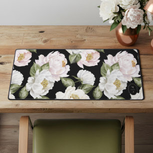 Vet Wit & Roze Pioenbloem Patroon Monogram Bureaumat