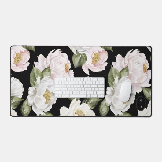 Vet Wit & Roze Pioenbloem Patroon Monogram Bureaumat (Keyboard & Muis)