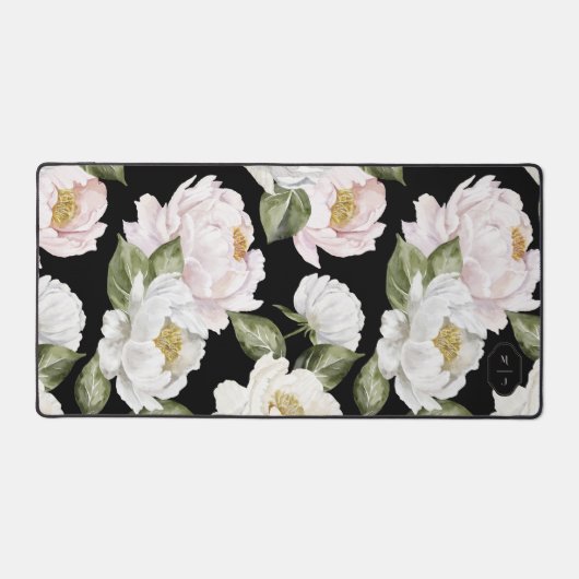 Vet Wit & Roze Pioenbloem Patroon Monogram Bureaumat (Voorkant)