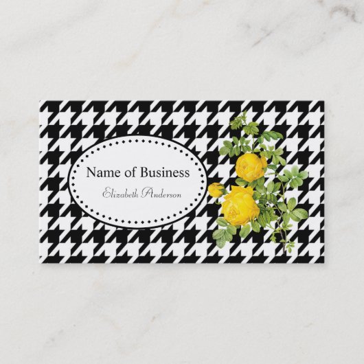 Vet Zwart en Wit Houndstooth Chique Gele Rozen Visitekaartje (Voorkant)