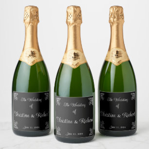 Vet Zwart en Wit Vintage Bruiloft Gepersonaliseerd Sparkling Wijnetiket