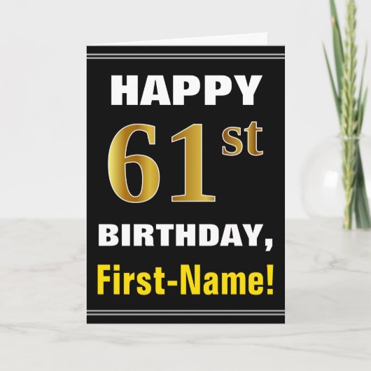 Vet, Zwart, Faux Gold 61st Verjaardag w / Naam Kaa Kaart (Voorkant)