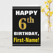 Vet, zwart, Faux Gold 6th Birthday met naam Kaart (Gele Bloem)