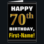 Vet, zwart, Faux Gold 70th Birthday met naam Kaart<br><div class="desc">Dit eenvoudige verjaardagsvriendelijke wenskaart is voorzien van een warm verjaardagswens zoals "HAPPY 70th BIRTHDAY, First-Name!" op de voorzijde, in vetgedrukte tekst op een zwarte gekleurde achtergrond. Het verjaardagsnummer heeft een namaak-/namaakgoudachtige kleur. De naam op de voorzijde kan worden aangepast. De binnenkant kenmerkt een klantgericht verjaardagsbericht. Een dergelijk wenskaart zou een...</div>