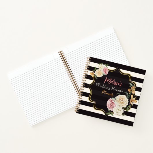 Vet zwart, Ivoor Strepen, Bloemen Bruiloft Planner Notitieboek (Binnen)