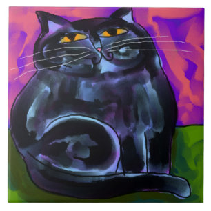 Vet Zwart Kat Abstract Digitaal Schilderij Tegeltje