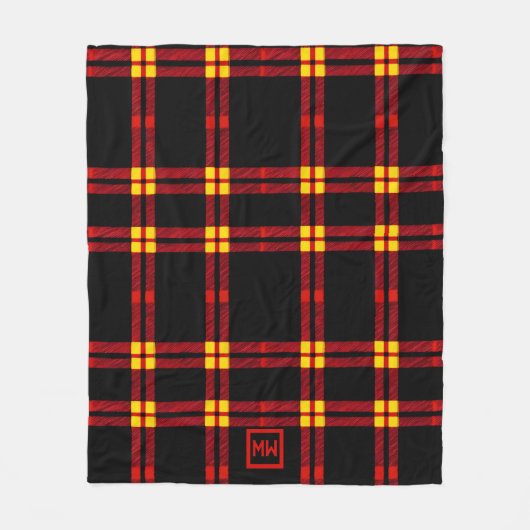 Vet, zwart, rood, geel, plaid monogram fleece deken (Voorkant)