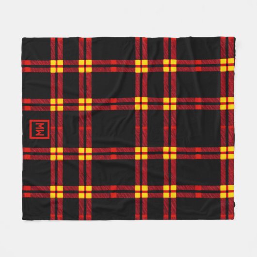 Vet, zwart, rood, geel, plaid monogram fleece deken (Voorkant (Horizontaal))