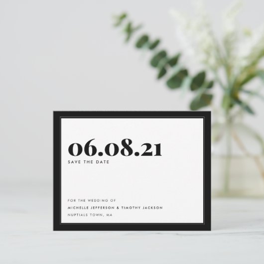 Vet Zwart Wit Minimalist Eenvoudig De datum opslaa Aankondigingskaart (Staand voorkant)