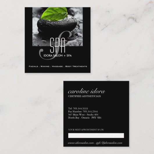Vet zwarte hete stenen en bladeren, spa en massage afsprakenkaartje (Voorkant / Achterkant)