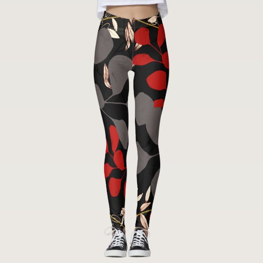 Vet zwarte rode grijze botanische houtbladeren leggings (Voorkant)
