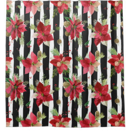 Vet zwarte strepen met poinsettias-gordijngordijn douchegordijn