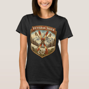 Veteraan skiër vintage skis oude vrouw skiën t-shirt