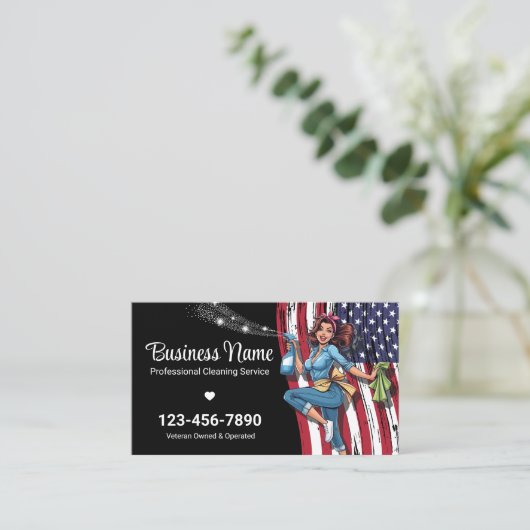 Veteran Owned House Cleaning Service Zwart Visitekaartje (Staand voorkant)