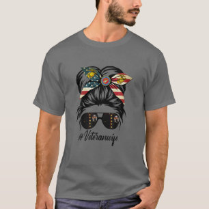 Veteran Wife Militaire Patriotic Messy Bun Hair T-shirt