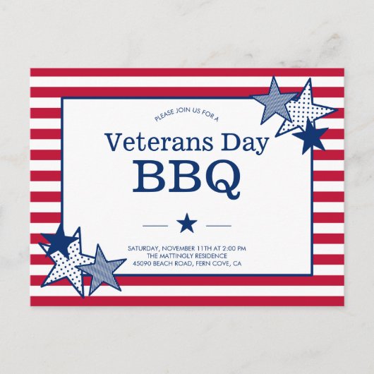 Veterans Day Stars Stripes Modern Patriotic BBQ Uitnodiging Briefkaart (Voorkant)