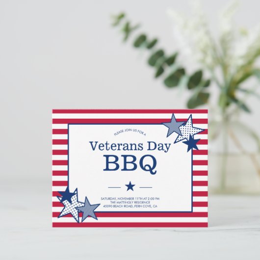 Veterans Day Stars Stripes Modern Patriotic BBQ Uitnodiging Briefkaart (Staand voorkant)