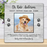 Veterinair Gift Custom Pet Dog Foto Dank u Fotoplaat<br><div class="desc">Zeg 'Dank je' tegen je geweldige dierenarts met een schattige persoonlijke foto van de hond. Personaliseer de naam van het huisdier en zijn favoriete foto. Deze veeartsenijkundige appreciatie cadeau zal een schat in het belang zijn. Pas 'Best Veterinarian Ever' aan voor Vet Assistant, Vet Tech of Veterinary Title. COPYRIGHT ©...</div>