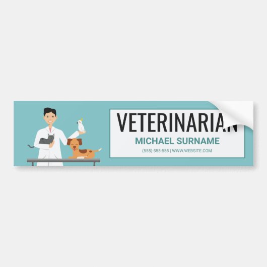Veterinair Man met dieren en aangepaste tekst Bumpersticker (Voorkant)