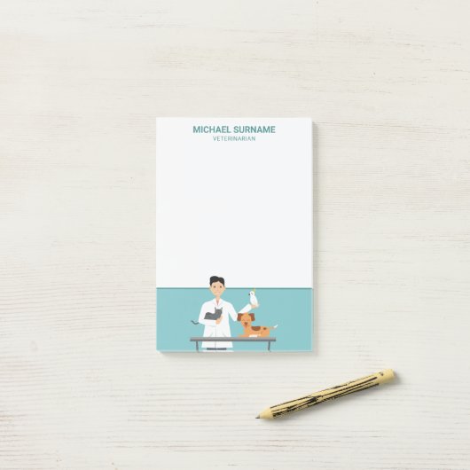 Veterinair Man met dieren en aangepaste tekst Post-it® Notes (Op bureau)