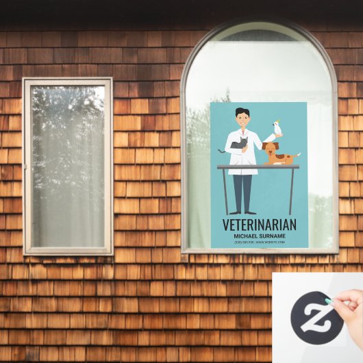 Veterinair Man op blauw met kalveren en tekst Raamsticker (Huis Raam)