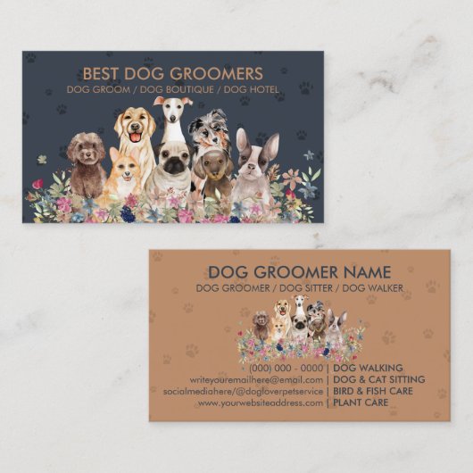 Veterinair Navy Brown Paws PetSitter Visitekaartje (Voorkant / Achterkant)