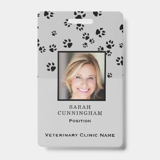 Veterinaire Clinic Cute Paw Print Photo ID Badge (Front)