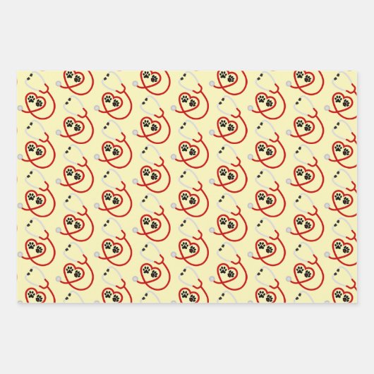 Veterinaire Pawprints & Stethoscoop Inpakpapier Vel (Voorkant 3)
