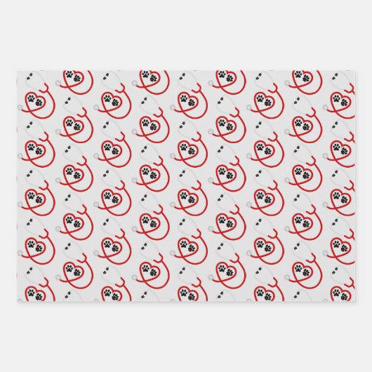 Veterinaire Pawprints & Stethoscoop Inpakpapier Vel (Voorkant)