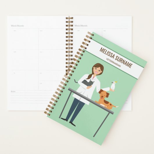 Veterinaire vrouw met dieren en aangepaste tekst planner (Display)