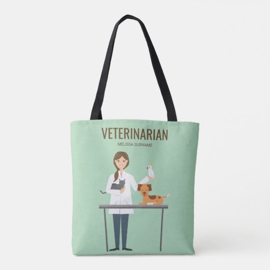 Veterinaire vrouw met dieren en aangepaste tekst tote bag (Achterkant)