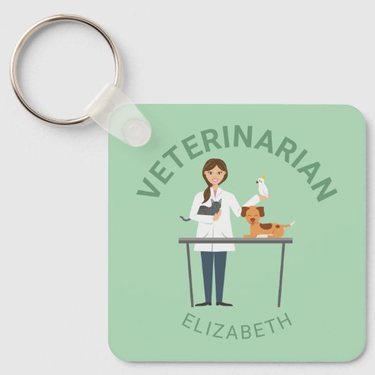 Veterinaire vrouw met dieren en uw eigen naam sleutelhanger (Voorkant)