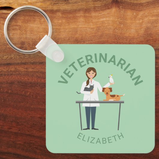 Veterinaire vrouw met dieren en uw eigen naam sleutelhanger (Voorkant)