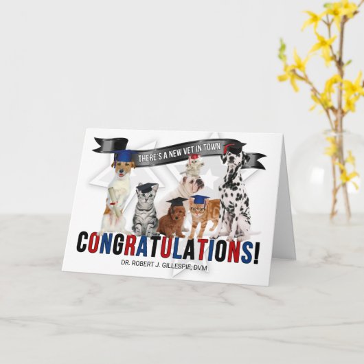 Veterinary Afstuderen Gefeliciteerd Katten en Hond Kaart (Gele Bloem)