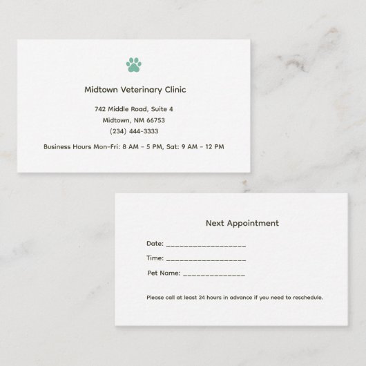 Veterinary Clinic Appointment Reminder Card Afsprakenkaartje (Voorkant / Achterkant)