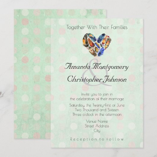 Veters in een hartvorm mint groen huwelijk kaart (Voorkant / Achterkant)