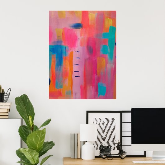 Vetgedrukte Abstracte kunst in Pinks en Blues Poster (Thuiskantoor)
