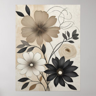 Vetgedrukte beige en zwarte bloem Moderne Neutrale Poster