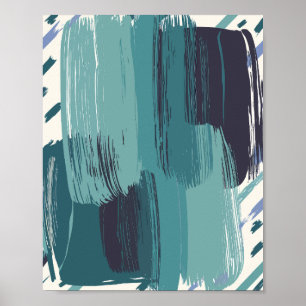 Vetgedrukte Blauwgroen penseelstreken op witte ach Poster