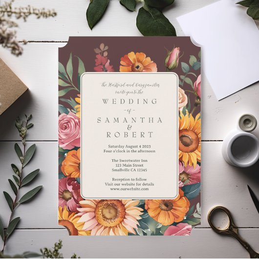 Vetgedrukte Bloemen Border Fall bruiloft Kaart