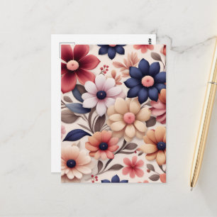 Vetgedrukte bloemen en bladeren patroon roze briefkaart