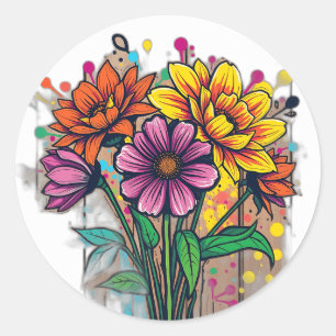 Vetgedrukte bloemen in graffitistijl ronde sticker