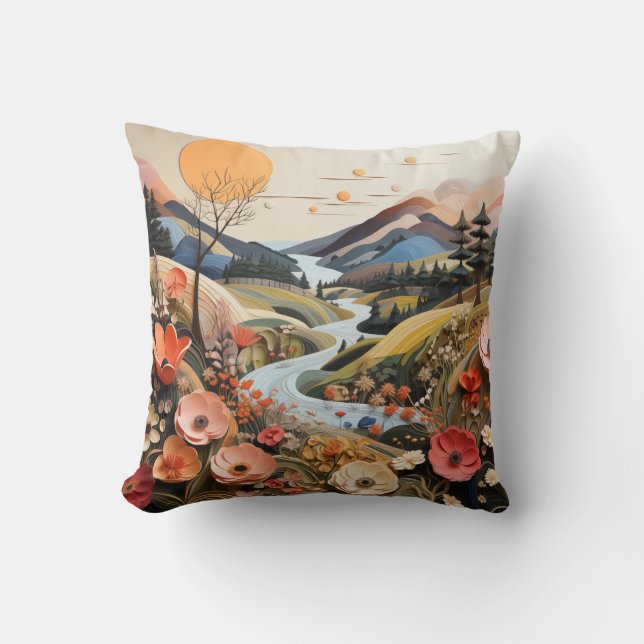 Vetgedrukte bloemen met bergen 2 verschillende Afb Kussen (Voorkant)