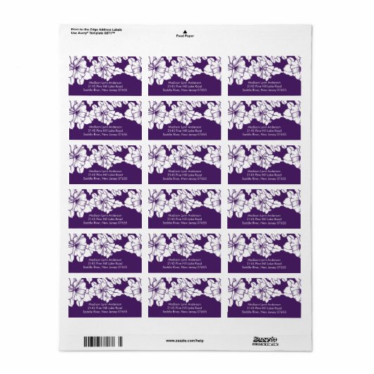 Vetgedrukte bloemen op Paarse retour adreslabels. Etiket (Full Sheet)